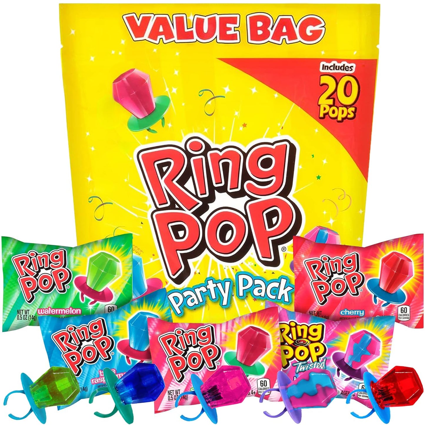 Ring Pop Candy Lollipops - Individually Wrapped Bulk Lollipop Variety Party Pack – 20 Count Suckers W/ Assorted Flavors - Fun Candy For Kids - Hard Candy For Party Favors, Birthdays & Goodie Bags