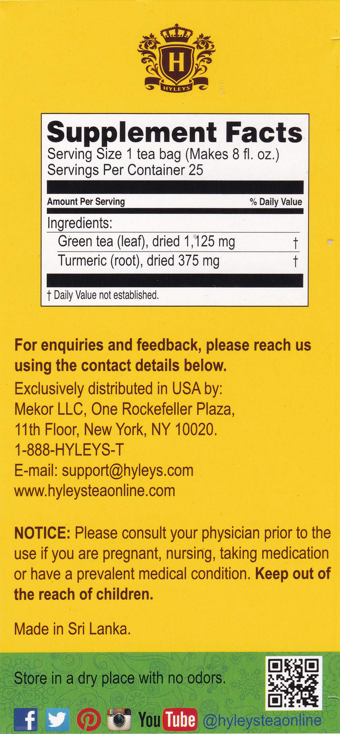 6 Pack Of Hyleys Wellness Turmeric With Green Tea - 25 Tea Bags (100% Natural, Sugar Free, Gluten Free & Non-Gmo), 150 Count