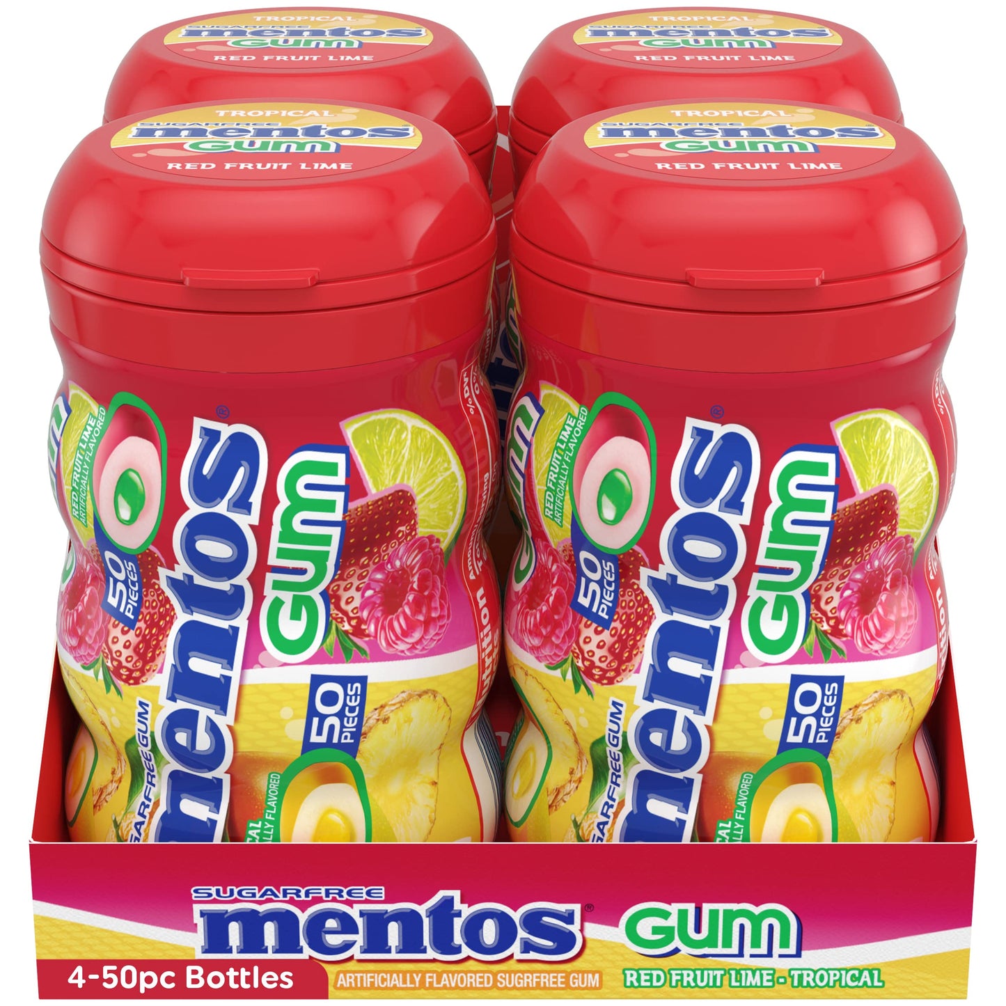 Mentos Sugar-Free Chewing Gum, Tropical, Red Fruit And Lime, 50 Piece Bottle (Pack Of 4 Bottles)