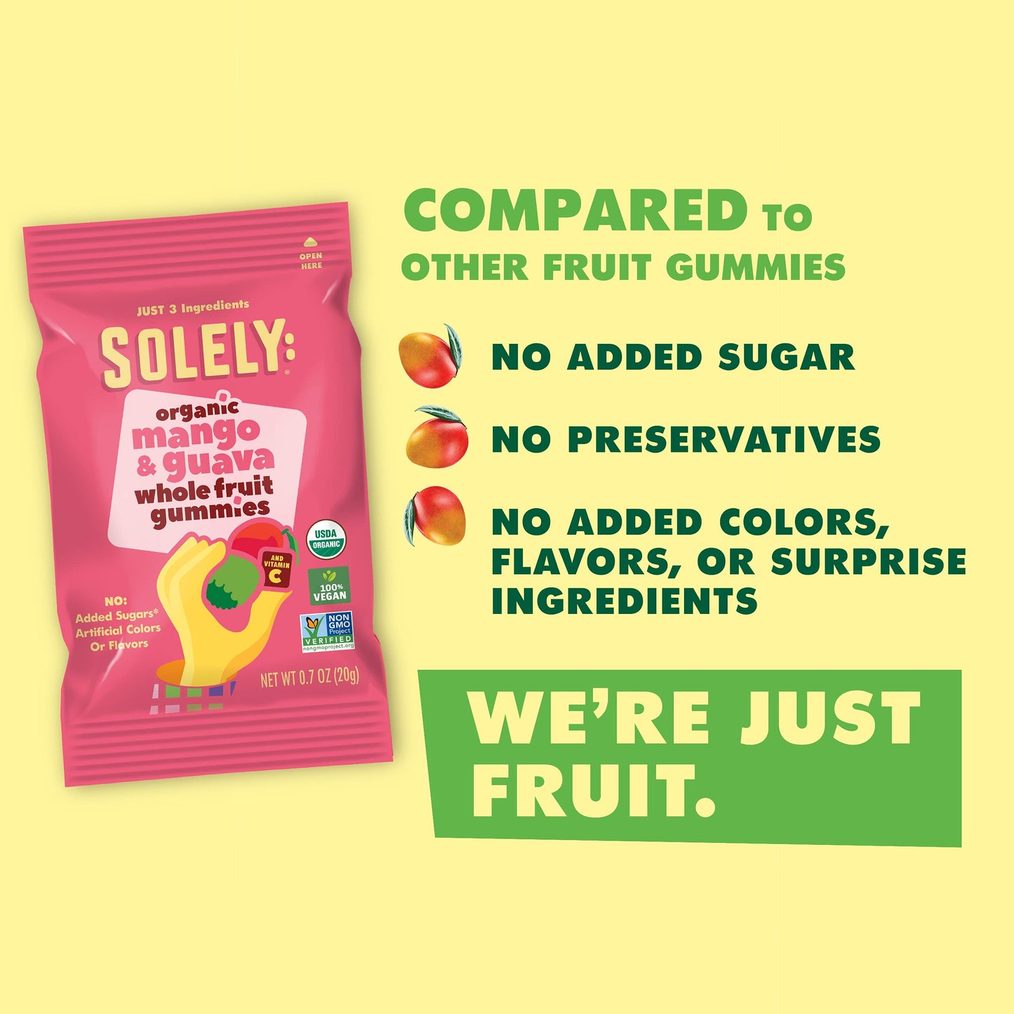 Solely - Organic Mango & Guava Whole Fruit Gummies (Pack Of 8 Boxes, 5 Bags Per Box) - Real Fresh Fruit - Healthy Snacks For Adu