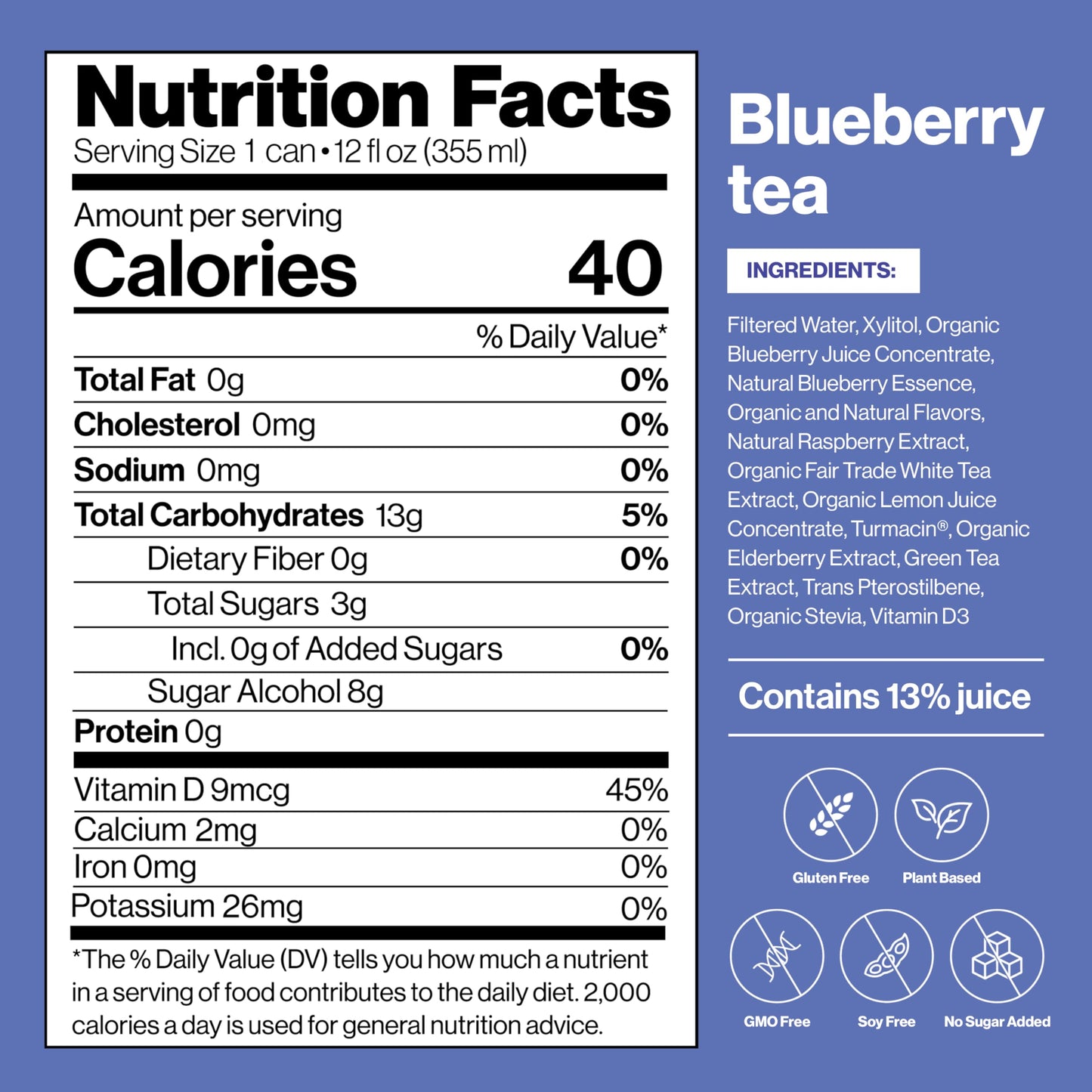 Happy Being Organic Blueberry White Tea, Infused with Turmeric & Elderberry, Caffeine Free, 12oz (4 Pack)