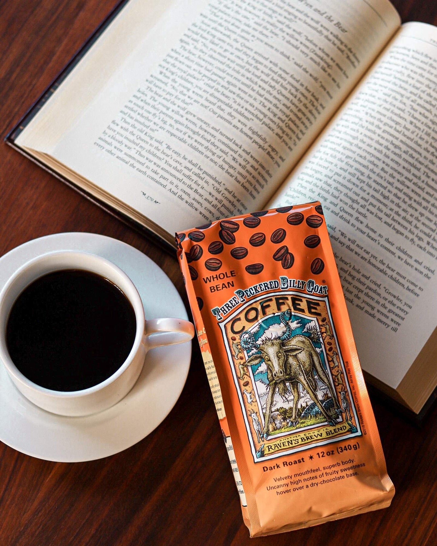 Ravens Brew Coffee Three Peckered Billy Goat, 12 Ounce - Dark Roast - Full Body with a Long Sweet Finish (Organic Ground, 12 oz