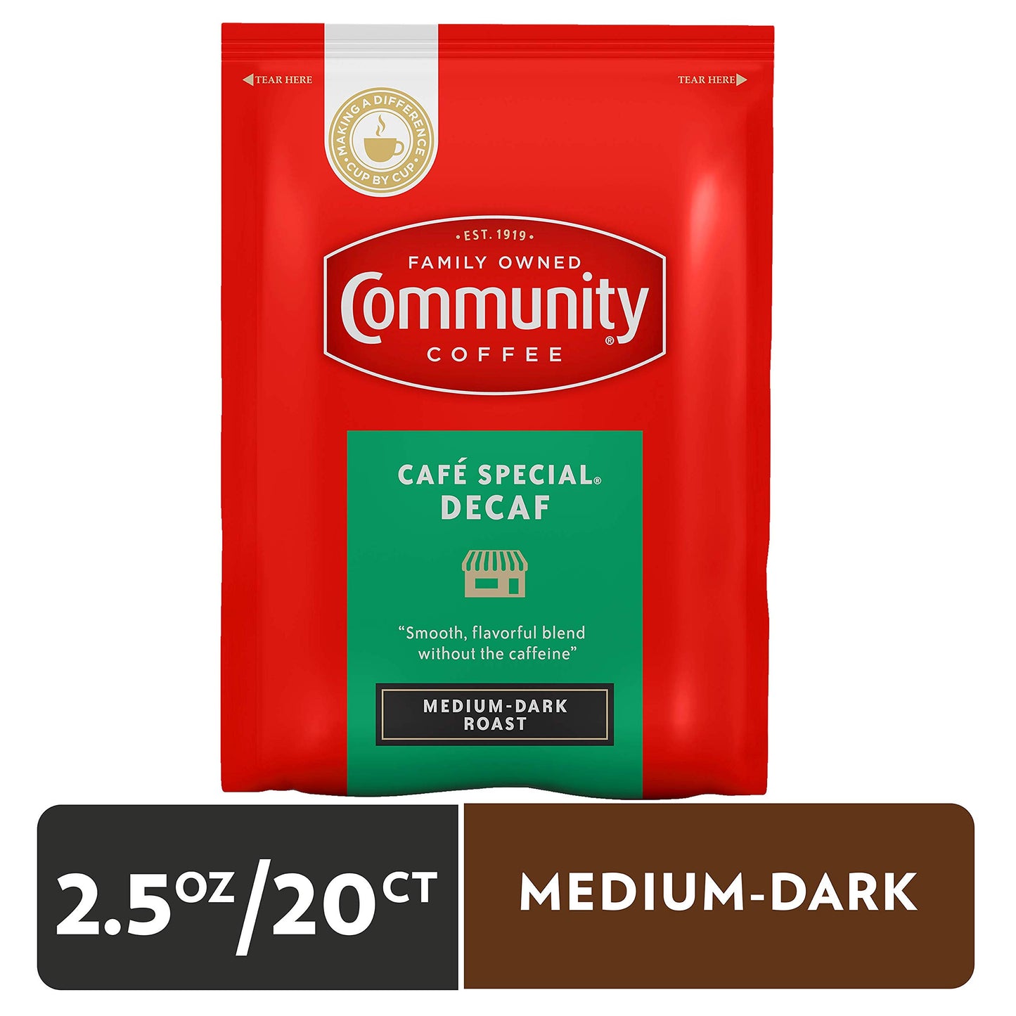 Community Coffee Café Special Decaf Medium Dark Roast Coffee Packs, 2.5 Ounce Each, Pack of 20
