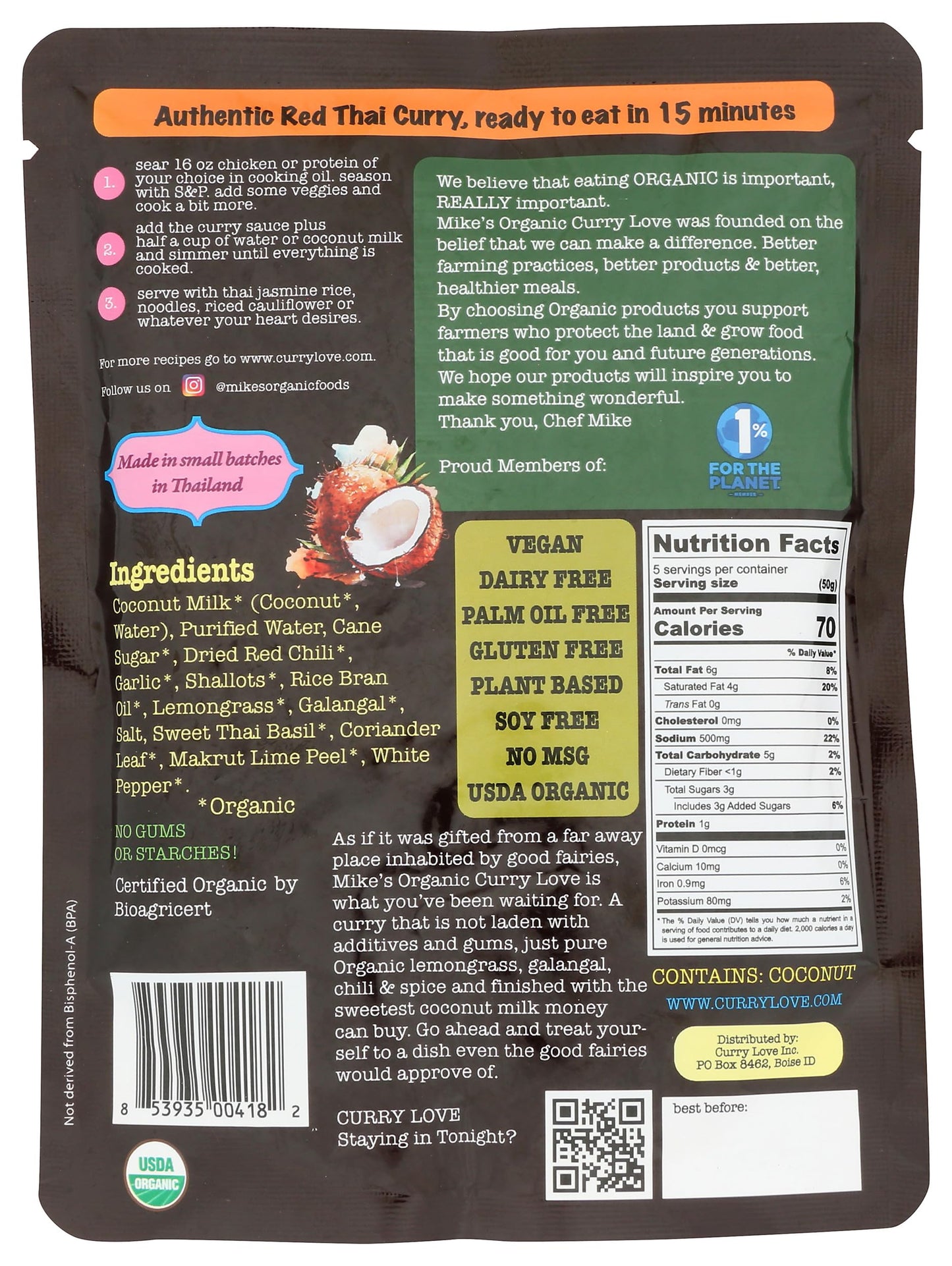 Red Thai Curry Sauce ORGANIC. VEGAN. DAIRY FREE. FOR A QUICK AND EASY MEAL. | 1 x 8.8 oz pouch