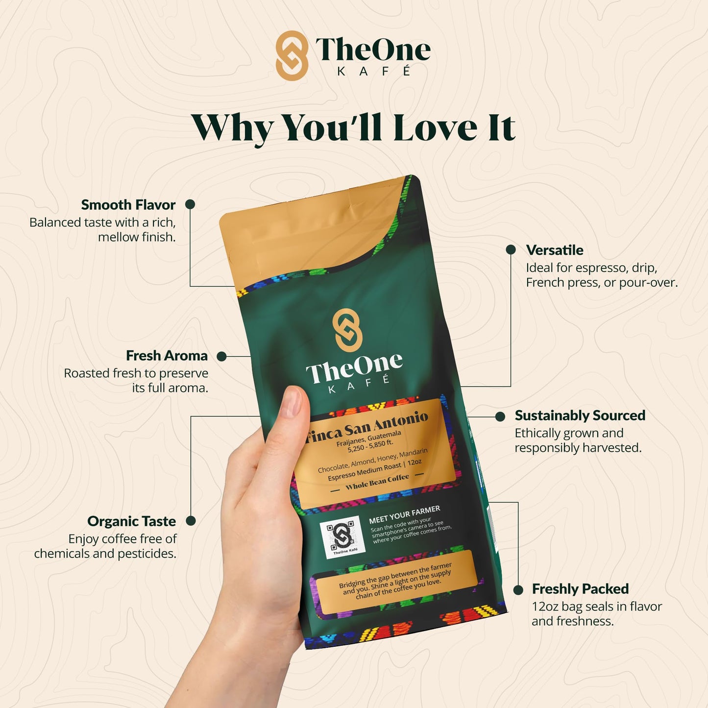 TheOne Kafé Guatemala Medium Roast Whole Bean Coffee – Organic, Smooth & Rich Flavor – 12 oz