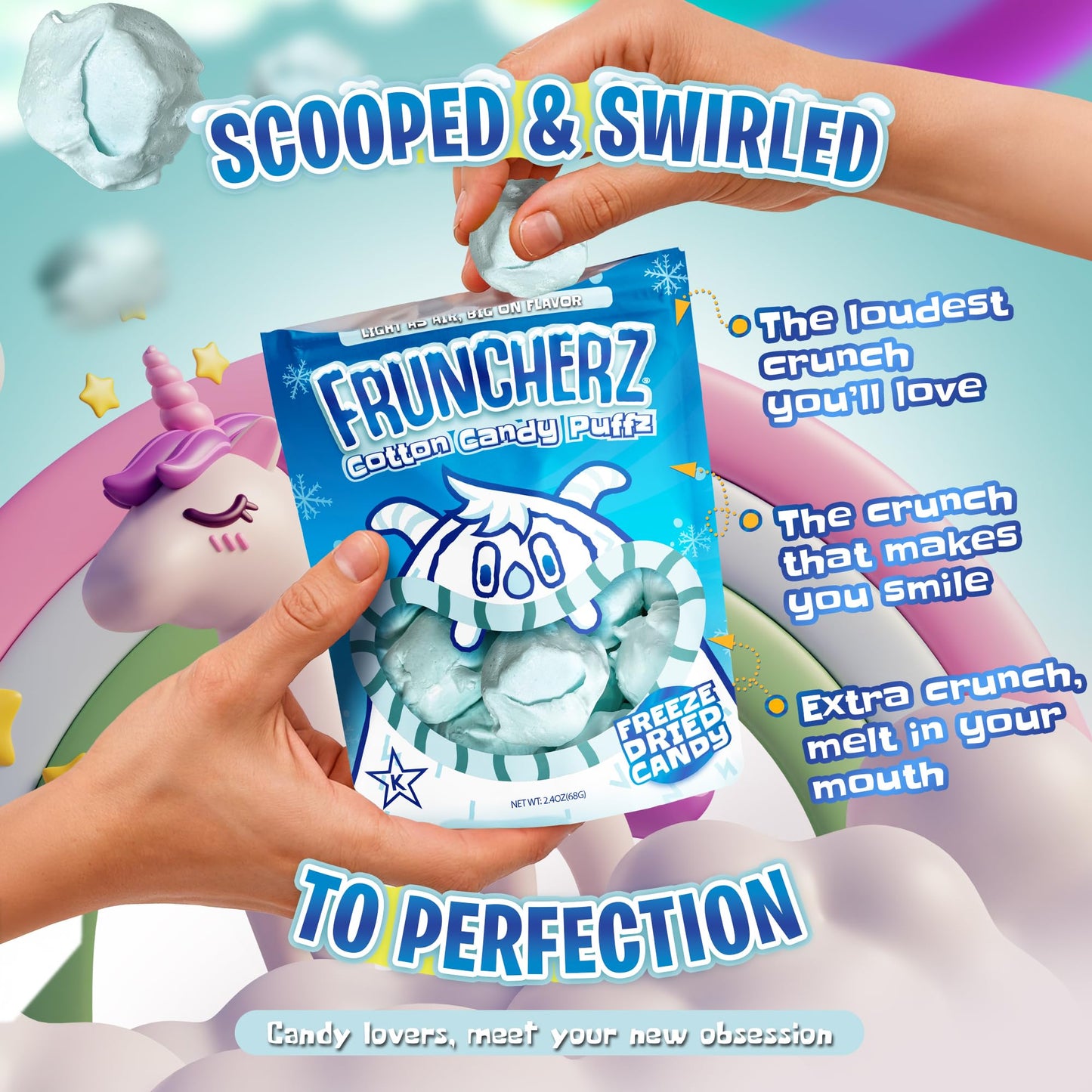 Fruncherz Cotton Candy Puffz - Kosher Freeze-Dried Crunchy Snack, Gluten-Free, Light & Fluffy Treat in Resealable Bag