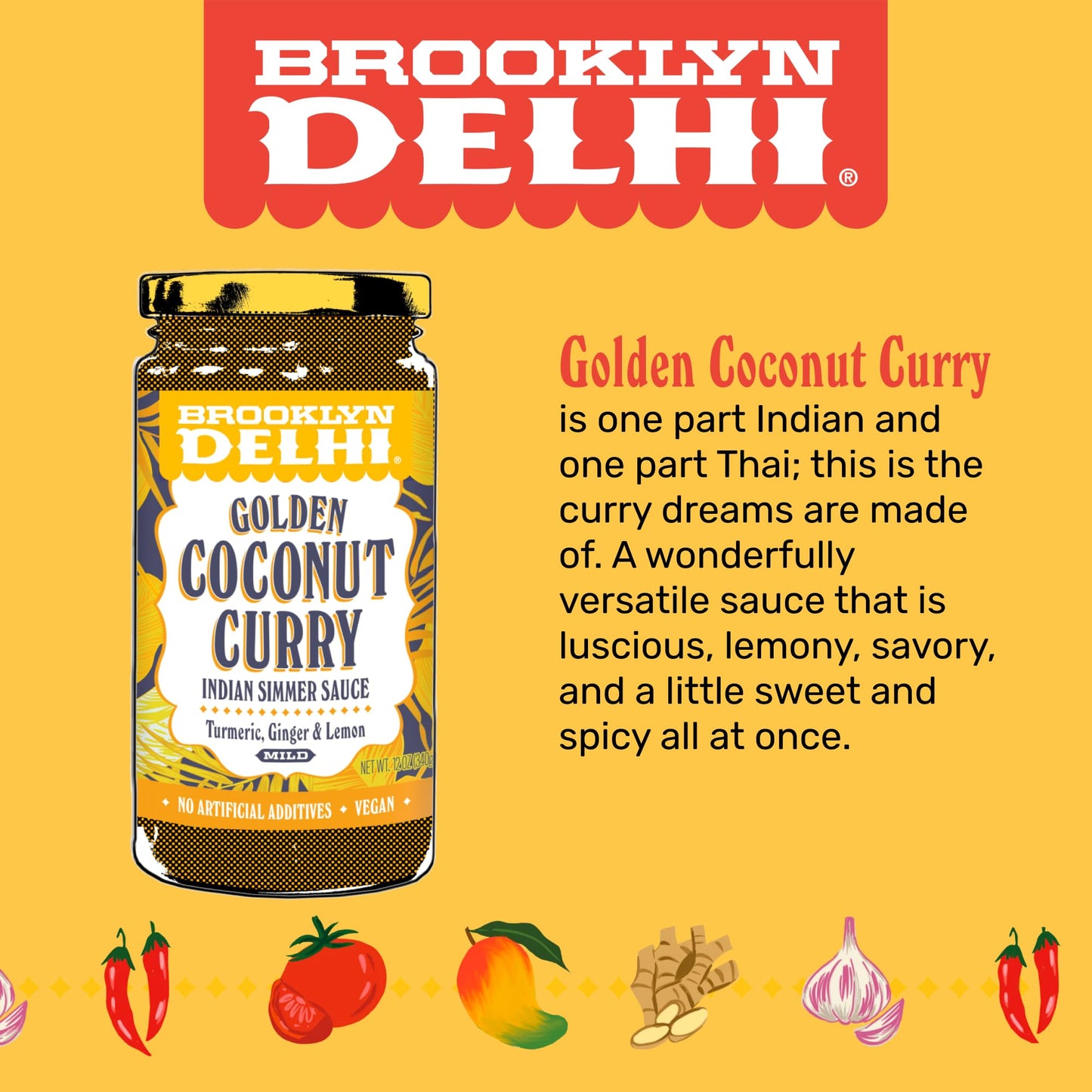 Brooklyn Delhi Golden Coconut Curry | Indian Simmer Sauce With Turmeric, Ginger, Lemon, & Coriander | Mild Enough For A Kid, Fla