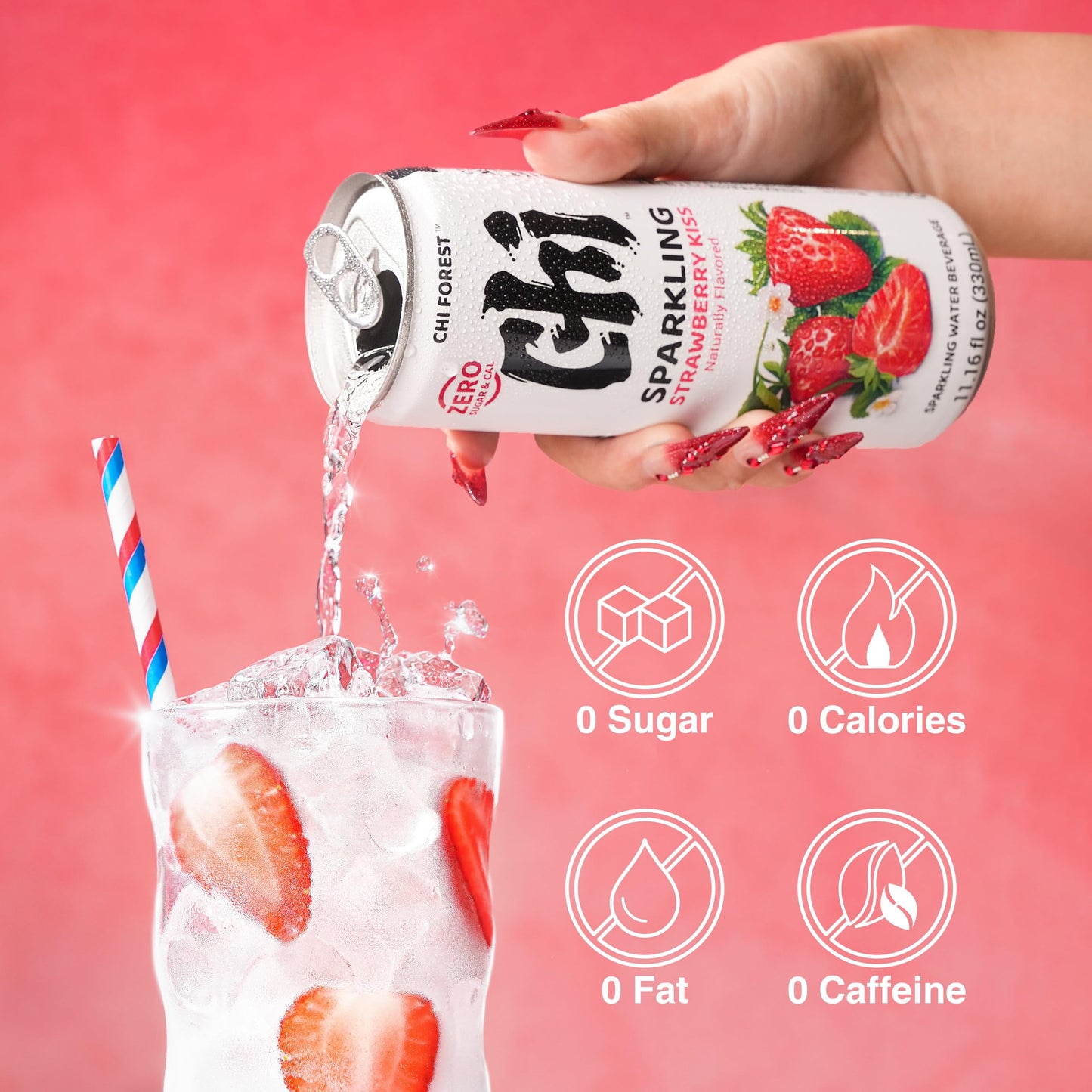 CHI FOREST Strawberry Sparkling Water Beverage  Zero Sugar Drinks  Zero Artificial Flavor  11.16 fl oz Cans (Pack of 24)