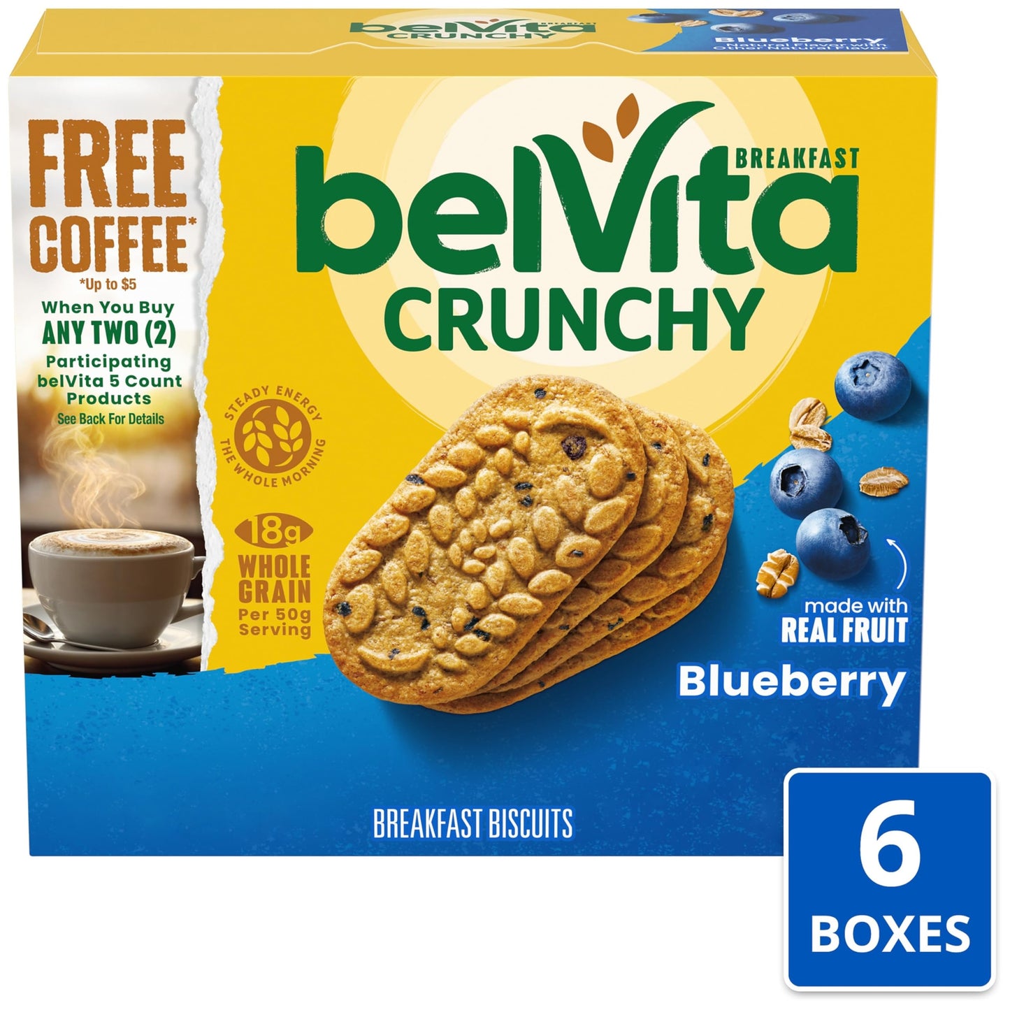 belVita Breakfast Bars Biscuits, Blueberry, 30 Total Packs, 6 Boxes (4 Biscuits Per Pack)