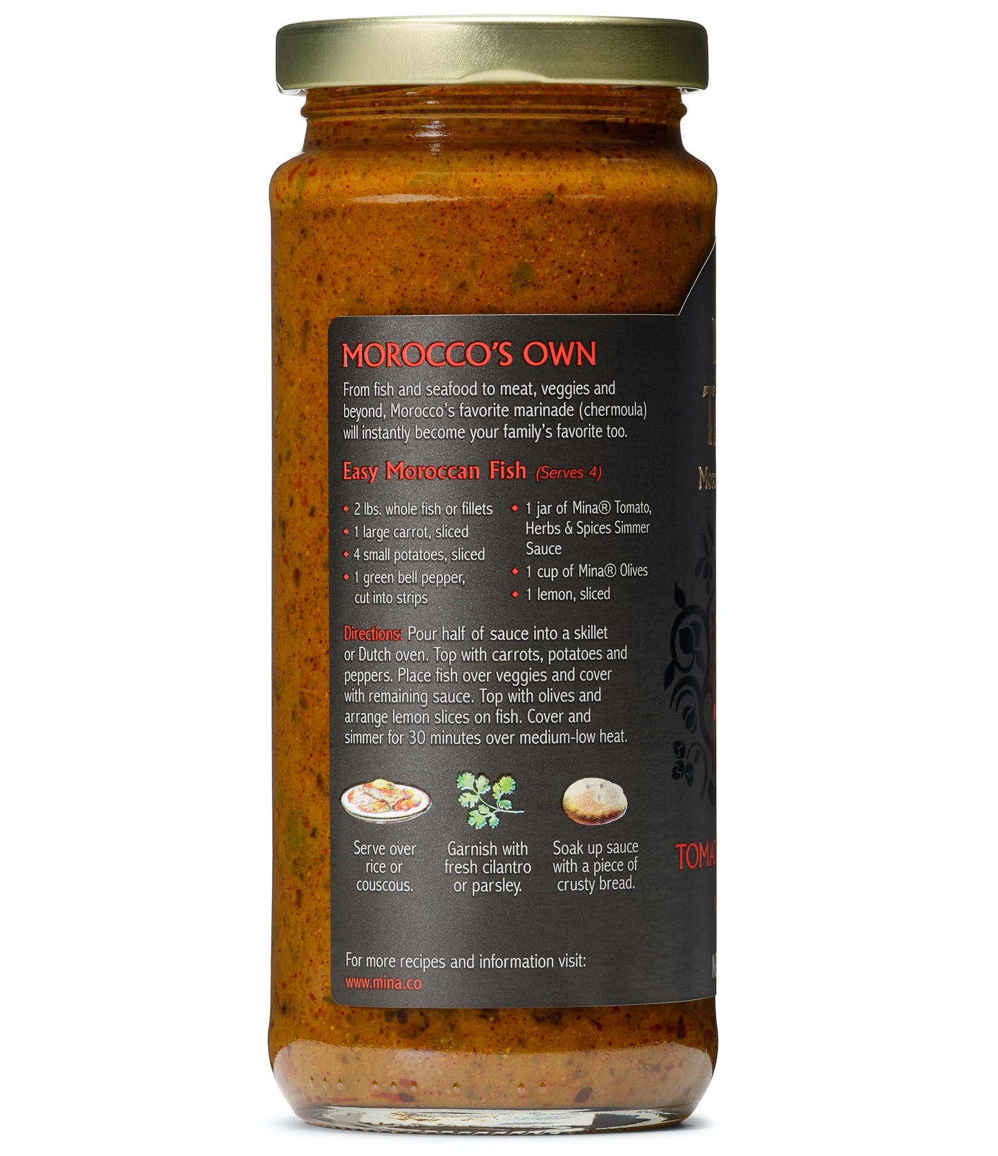 Mina Tagine Moroccan Fish Simmer Sauce Sauce, 12 oz - Tomato, Herbs & Spices, Moroccan Chermoula Sauce, Made with Lemon & Olive
