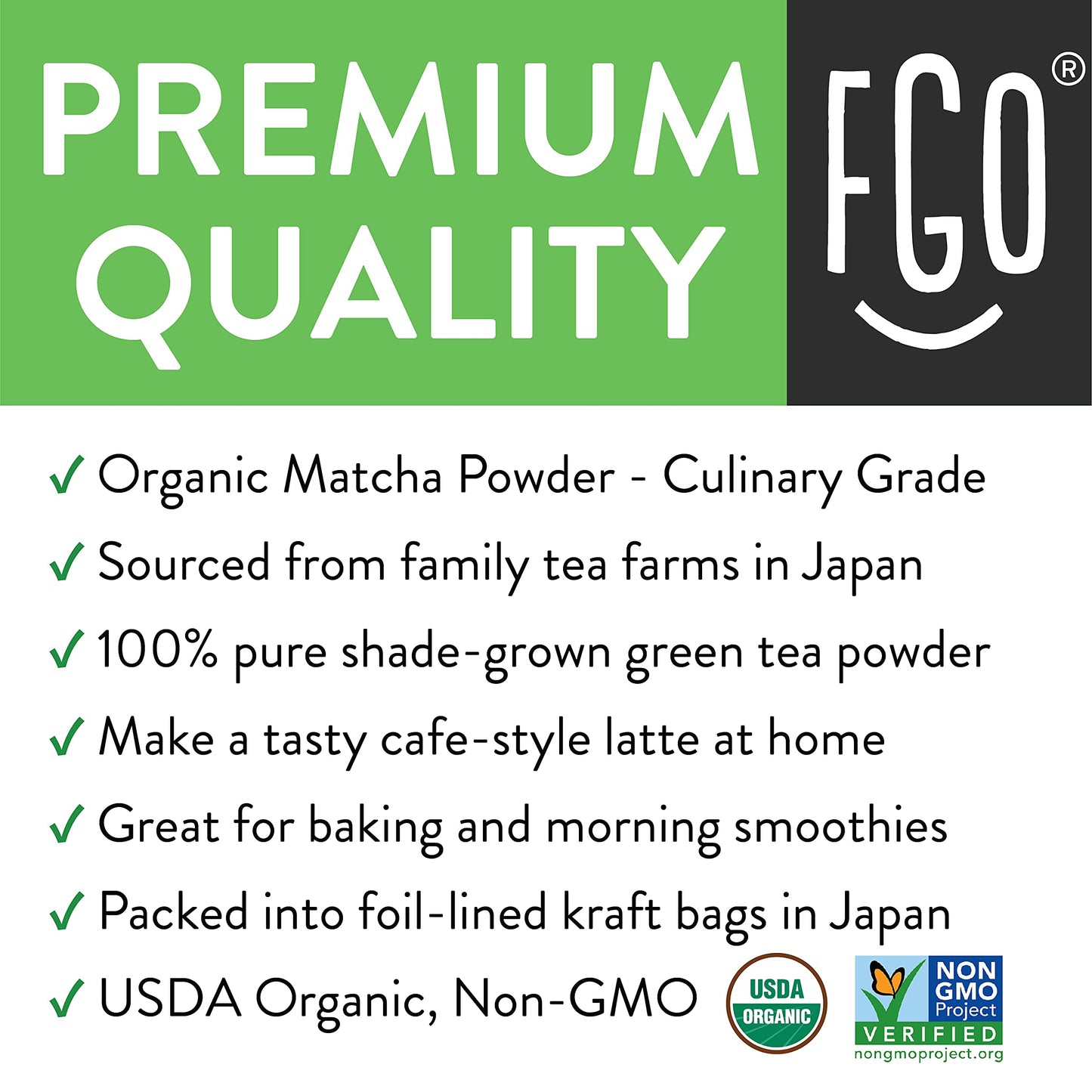FGO Organic Matcha Green Tea Powder, Japanese Culinary Grade, Resealable Bag, 16oz, Packaging May Vary (Pack of 1)