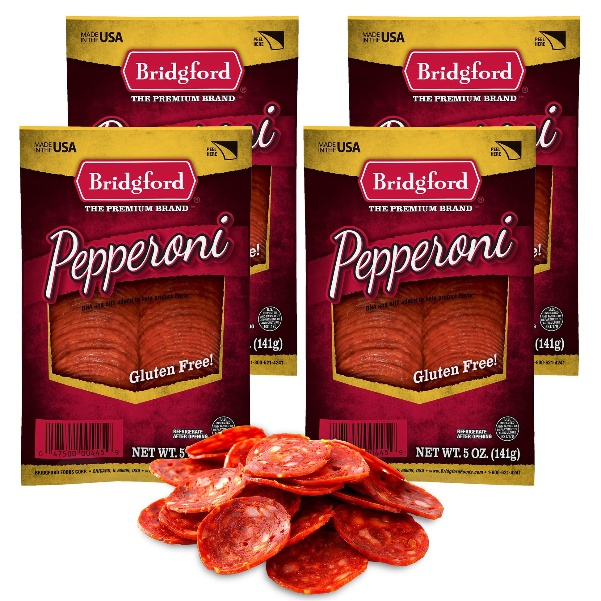 Bridgford Sliced Pepperoni 5 oz Pack of 4 - Gluten-Free Pepperoni Slices for Pizza and Sandwiches - Zero Carb Sliced Pepperoni f