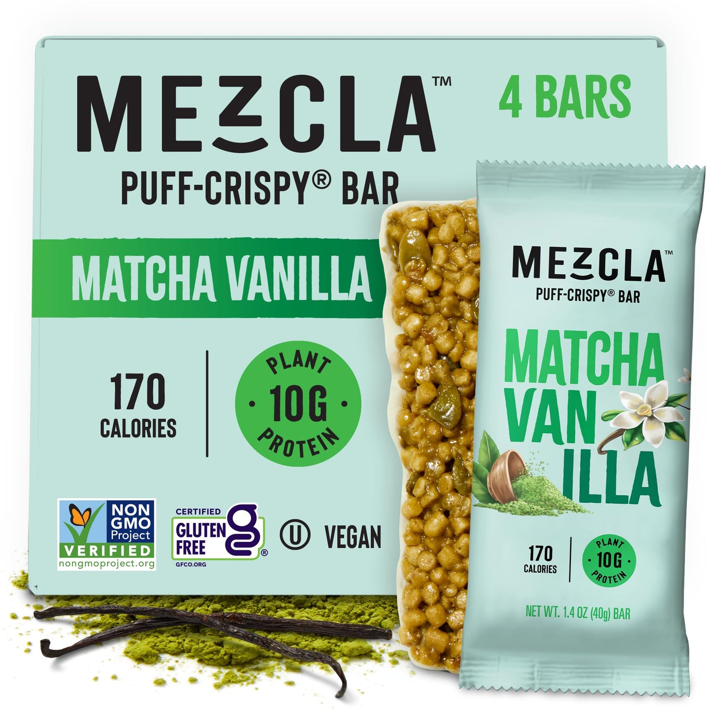 Mezcla Puff Crispy Protein Bars  Gluten Free & Vegan Protein Bars  10g Protein  Alt for Crispy Rice Treat  Granola Bars & Breakfast Bars  Healthy Snacks for mature-themeds (4 Count (Pack of 1)  Matcha Vanilla)