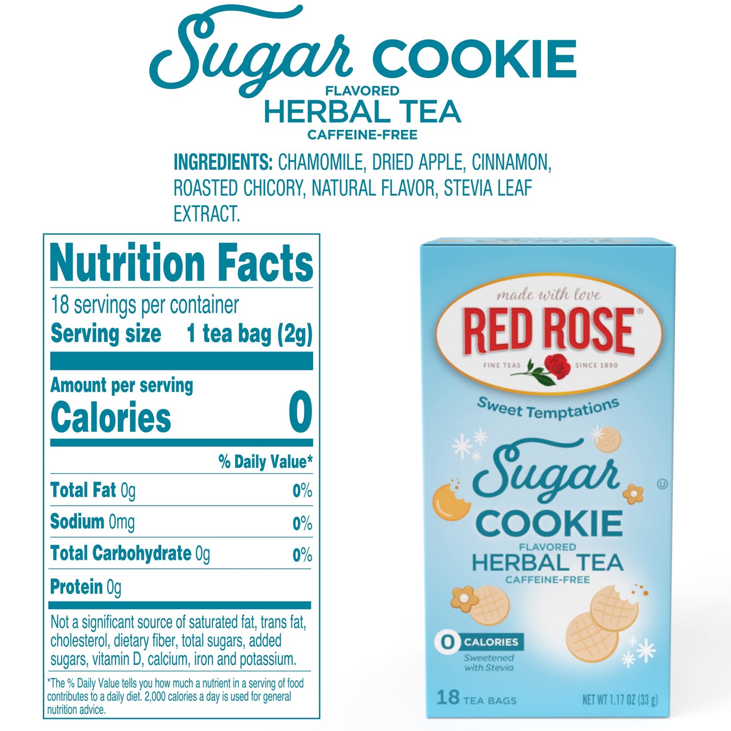 Red Rose Dessert Tea, Sugar Cookie Flavor, Caffeine-Free Herbal Beverage, 18 Count Pack of 6