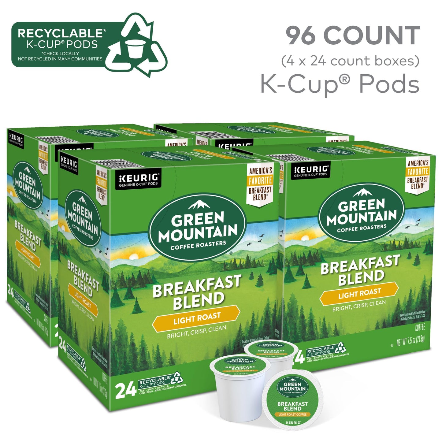 Green Mountain Coffee Roasters Breakfast Blend Single-Serve Keurig K-Cup Pods, Light Roast Coffee, 24 Count (Pack of 4)
