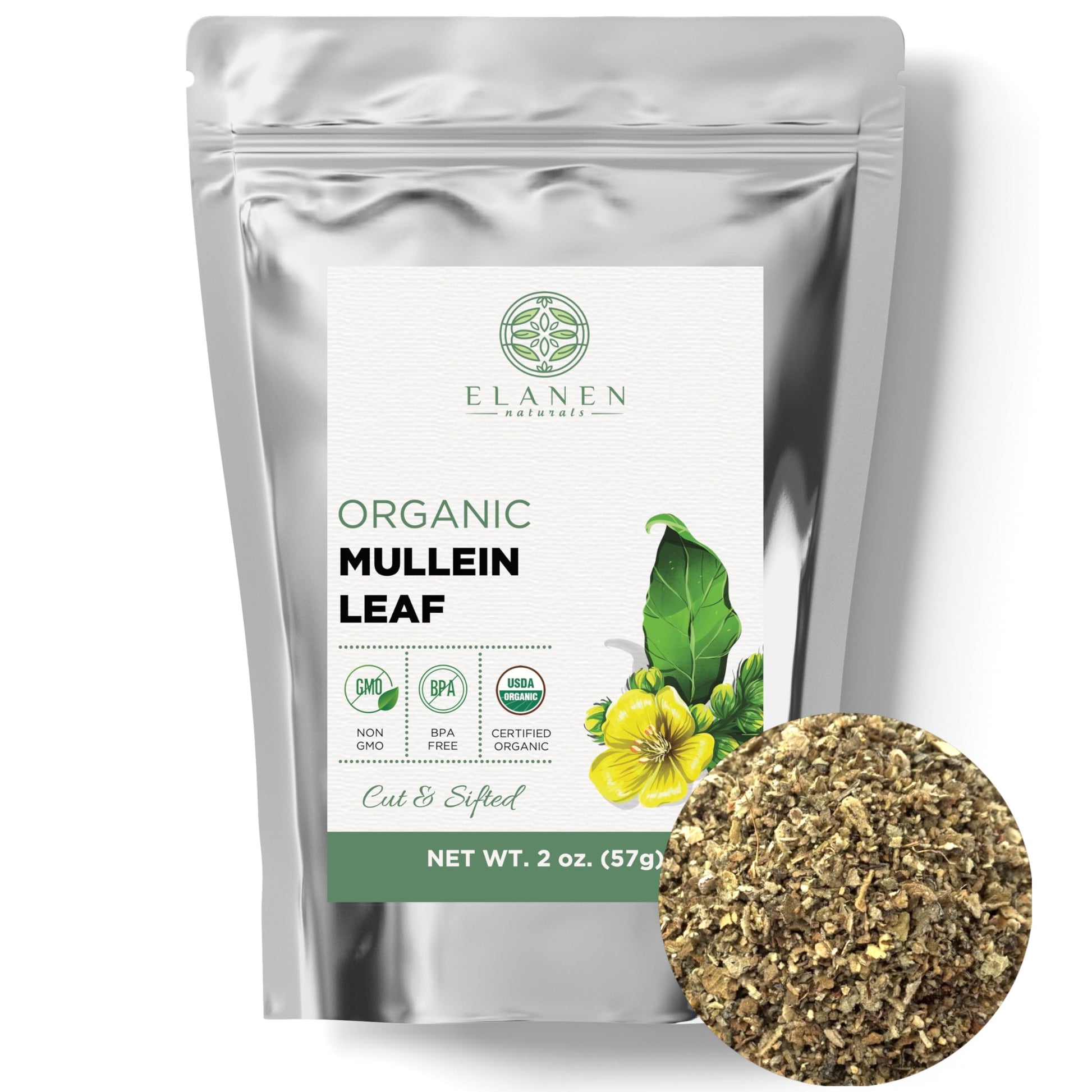 ELANEN naturals Organic Mullein Leaf Tea, Cut & Sifted, 2 oz (57g), USDA Certified Organic