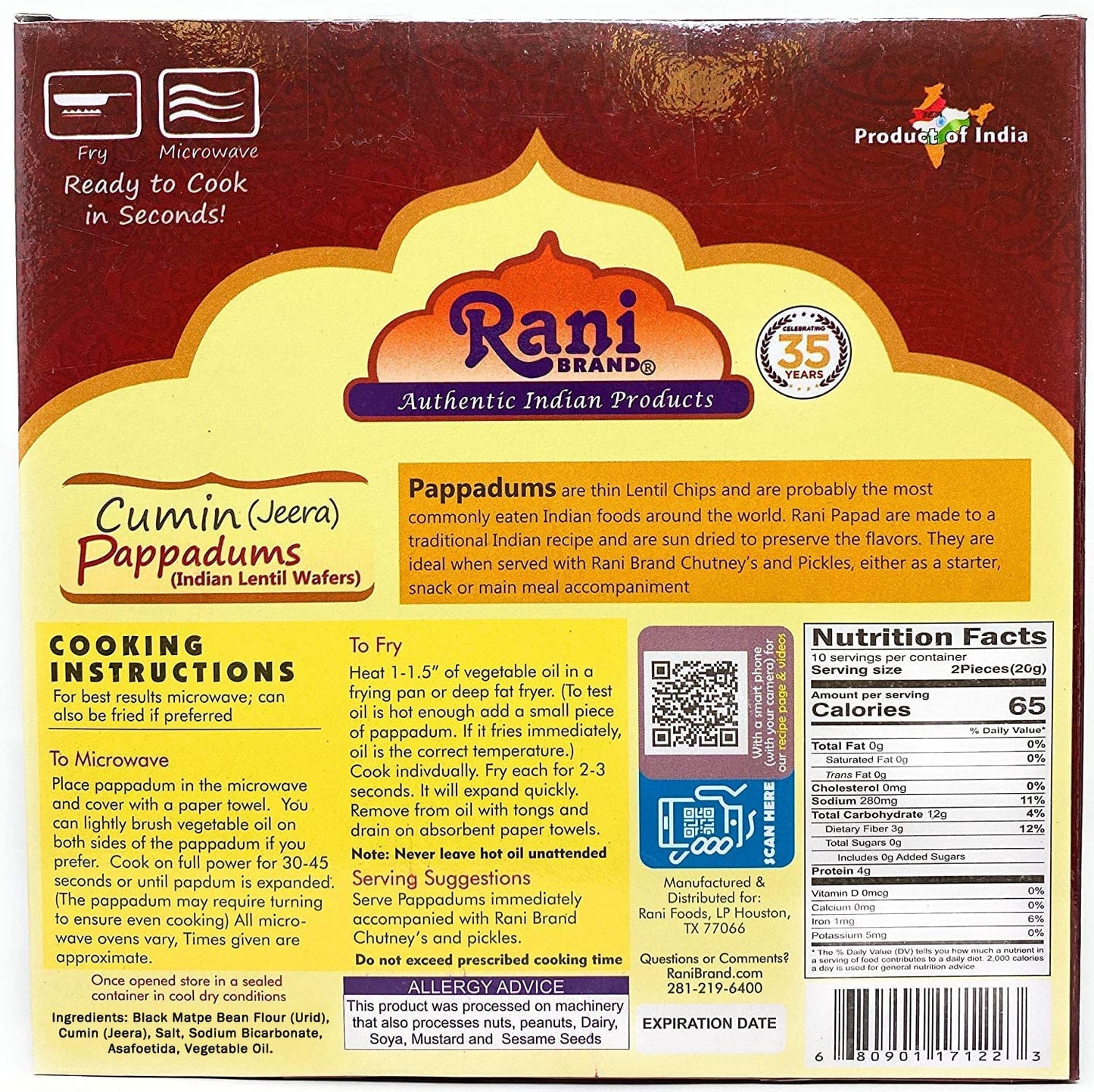 Rani Pappadums (Indian Lentil Wafer Snack) Jeera (Cumin) Papad 7Oz (200G) Approximately 15Pc, 7 Inches, Pack Of 2 ~ All Natural