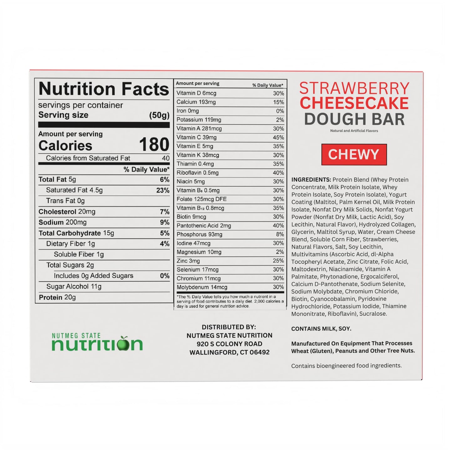 Nutmeg State Nutrition - High Protein Bars, Gluten Free, Low Calorie, Ideal Protein Compatible, 7 Servings Per Box (Strawberry Cheesecake)