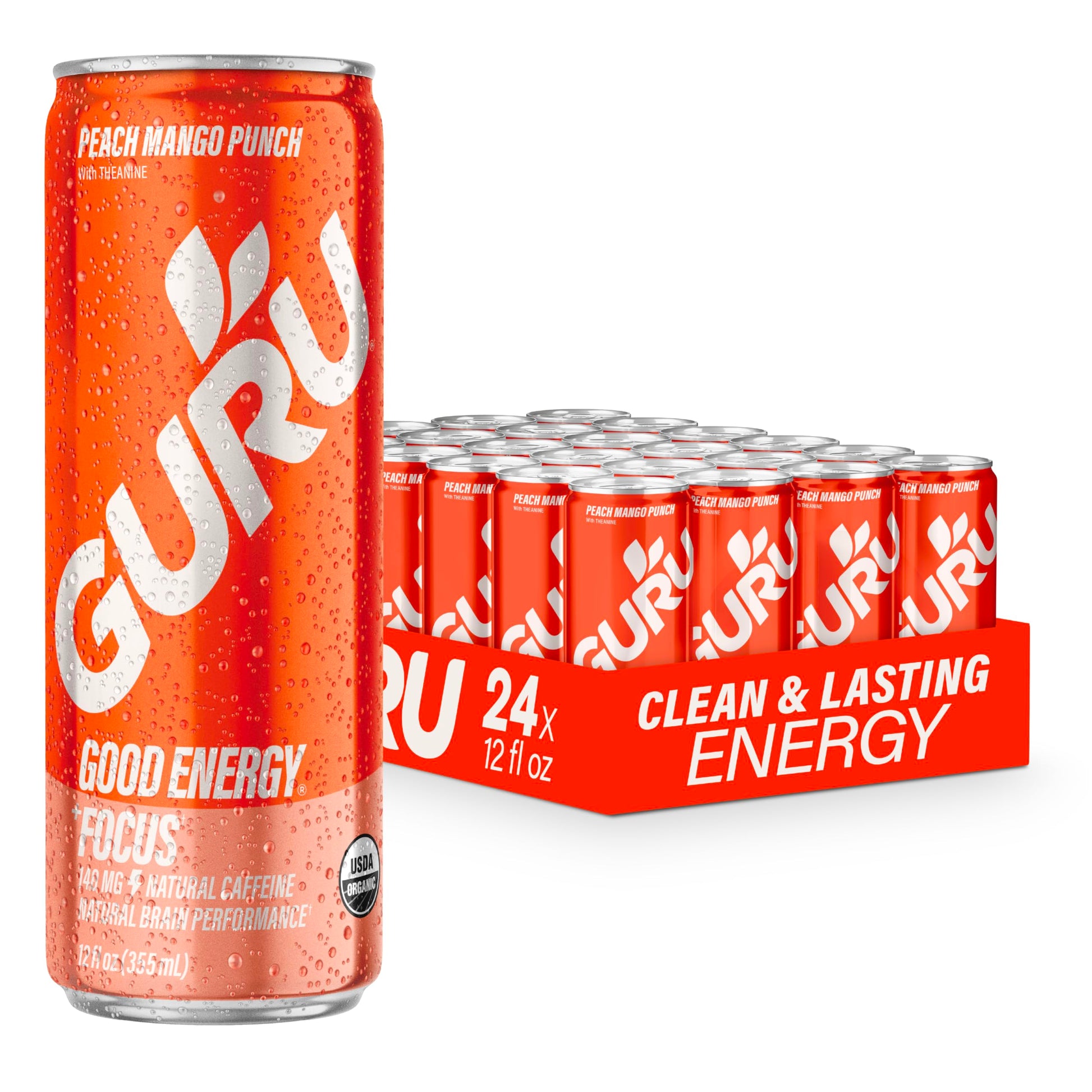 GURU Peach Mango Punch Organic Energy Drinks  Clean Energy Drink with Plant Based Natural Caffeine from Green Tea + Focus with L Theanine  Gluten Free and Vegan  140MG Caffeine  12oz (Pack of 24)
