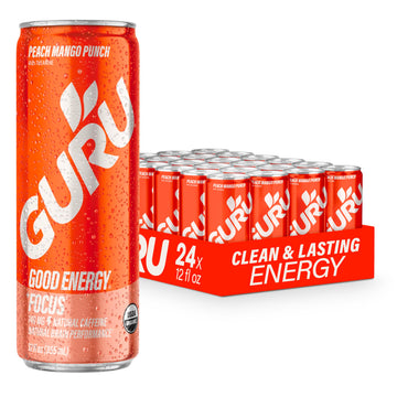 GURU Peach Mango Punch Organic Energy Drinks  Clean Energy Drink with Plant Based Natural Caffeine from Green Tea + Focus with L Theanine  Gluten Free and Vegan  140MG Caffeine  12oz (Pack of 24)