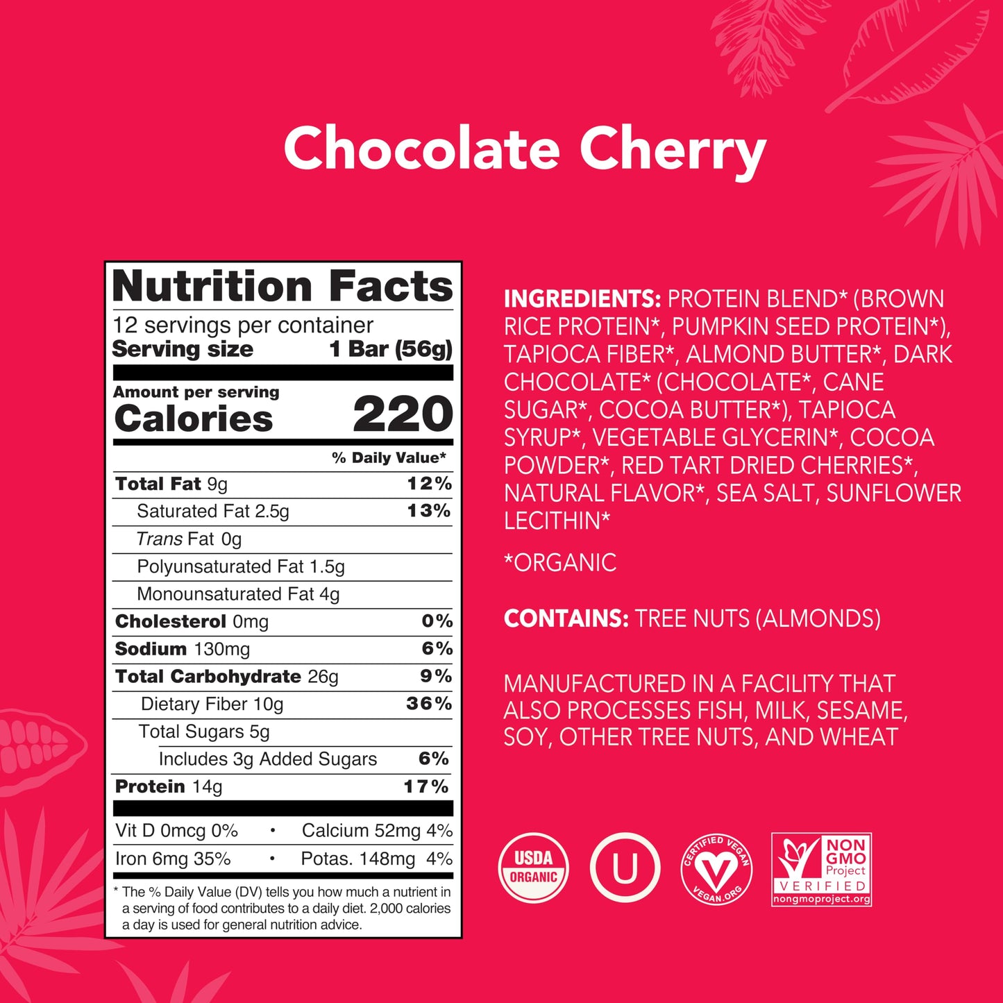 ALOHA Organic Plant Based Protein Bars - Chocolate Cherry - 12 Bars  Vegan  Low Sugar  Gluten-Free  Paleo  Low Carb  Non-GMO  No Stevia  No Erythritol