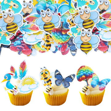 Gyufise 62Pcs Edible Butterfly Tree Cupcake Toppers Bee Bird Theme Birthday Cupcake Toppers Decorations Summer Hawaiian Cupcake