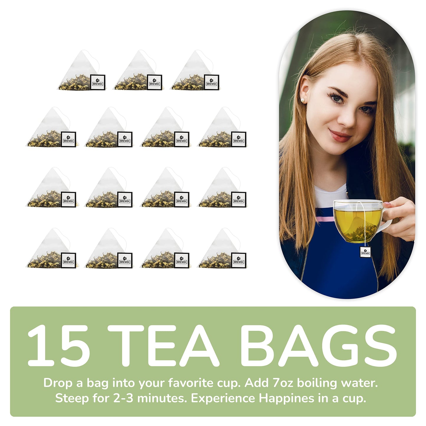 Brewix, Jasmine Green Tea (15 Pyramid Tea Bags) | Jasmine Tea Bags, Floral Aroma & Taste | High Grown Green Tea From Darjeeling