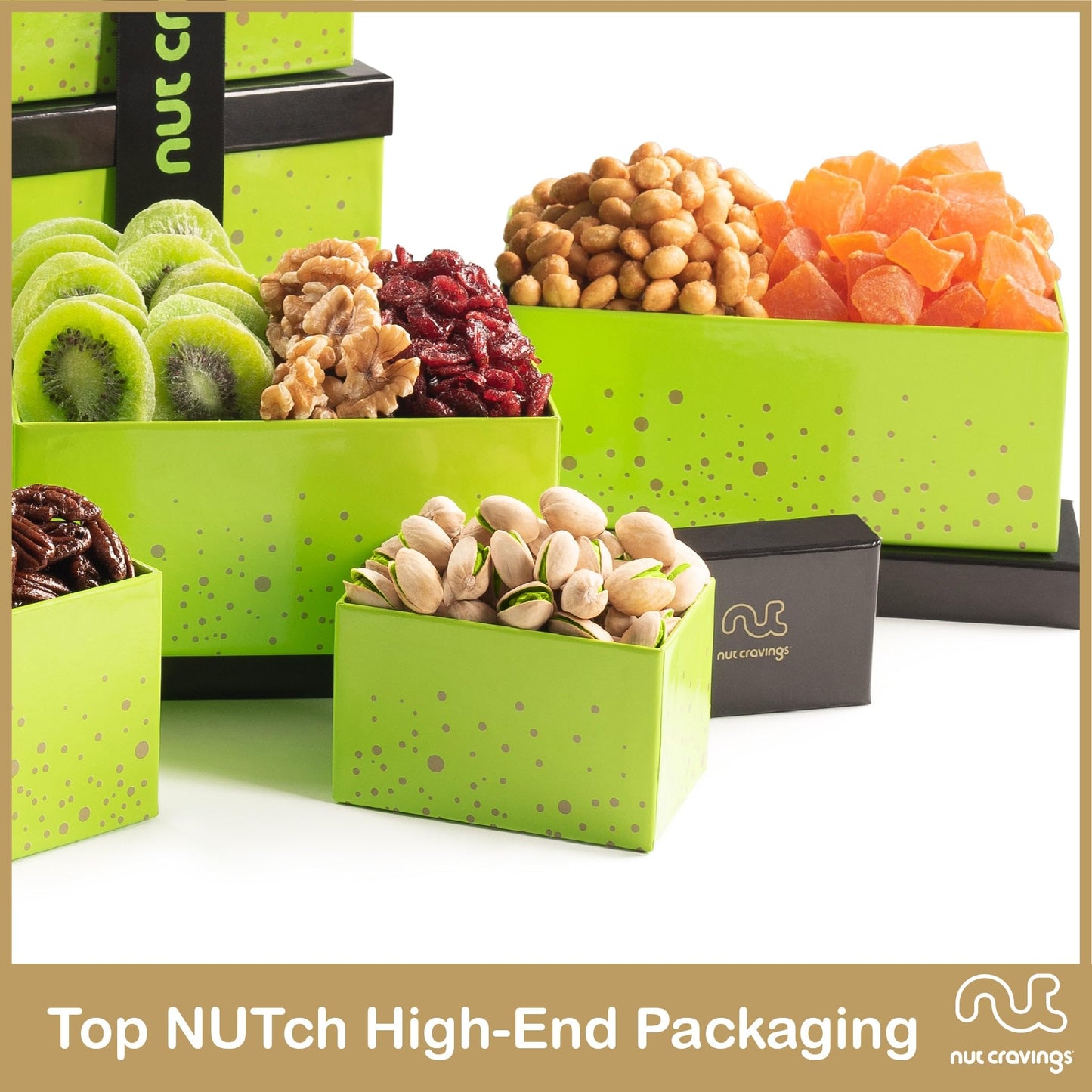 Nut Cravings Gourmet Collection - Rosh Hashana & Shana Tova Dried Fruit & Mixed Nuts Gift Basket Green Tower + Ribbon (12 Assort