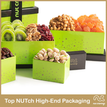 Nut Cravings Gourmet Collection - Rosh Hashana & Shana Tova Dried Fruit & Mixed Nuts Gift Basket Green Tower + Ribbon (12 Assort