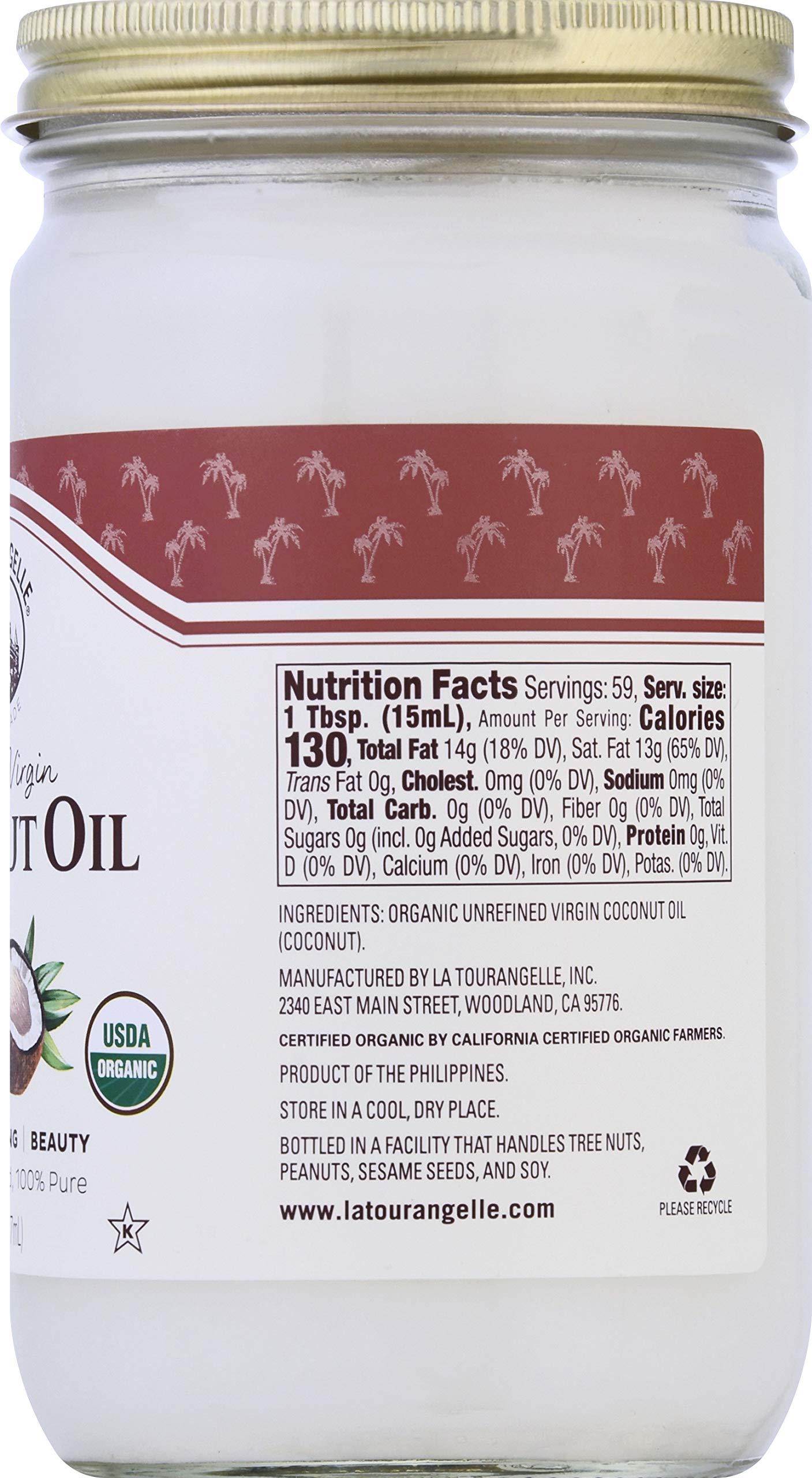 La Tourangelle, Organic Virgin Unrefined Coconut Oil, Great For Cooking, Baking, Hair, And Skin Care,Clear,30 Fl Oz (Pack Of 1),