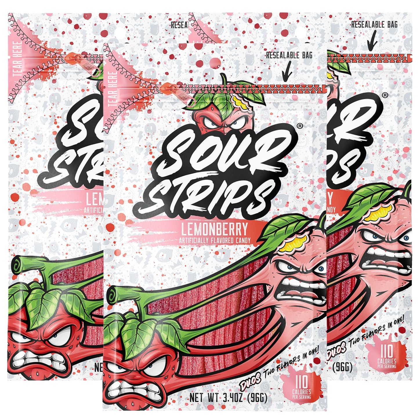 Sour Strips Sour Candy Belts, Lemonberry, Resealable Candy Bags, 3.4 Ounce (Pack of 3)