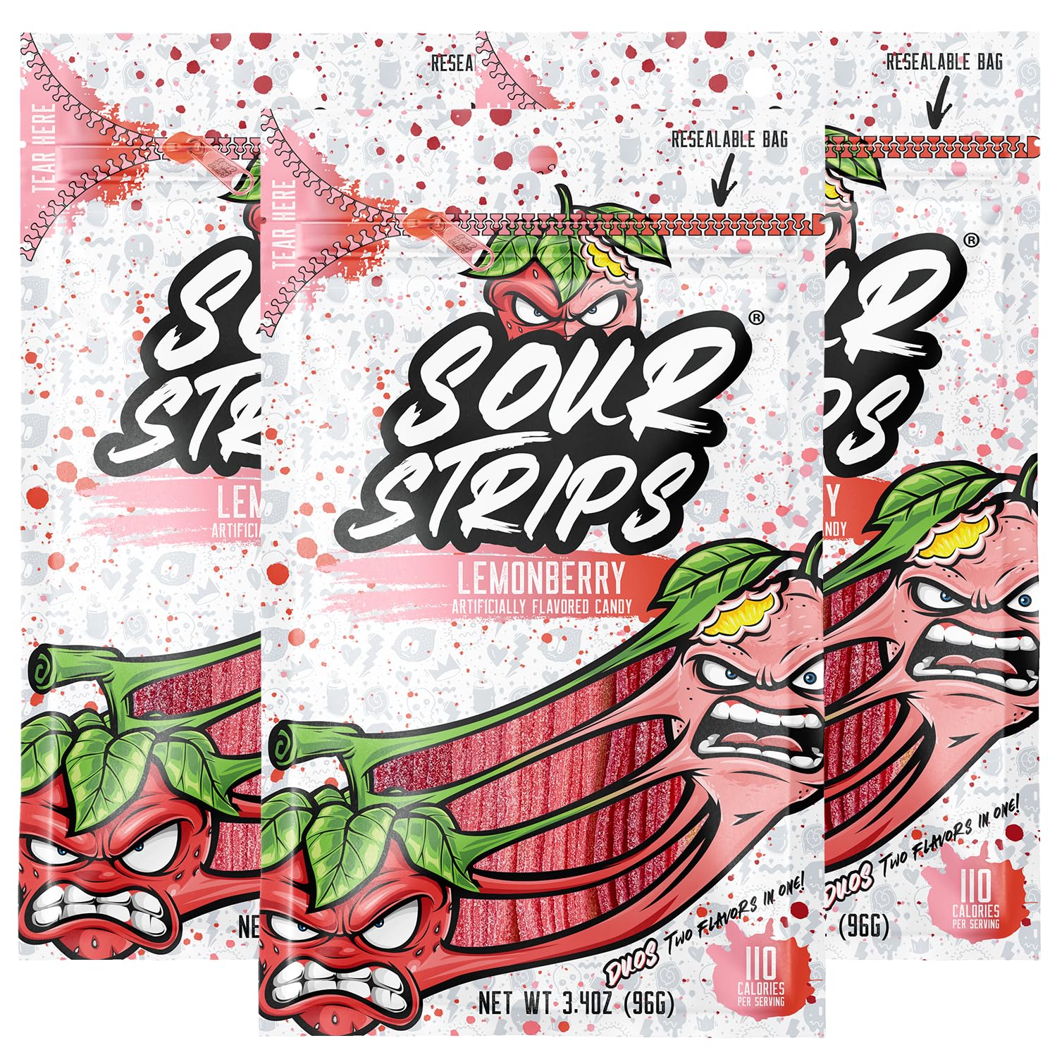 Sour Strips Sour Candy Belts, Lemonberry, Resealable Candy Bags, 3.4 Ounce (Pack of 3)