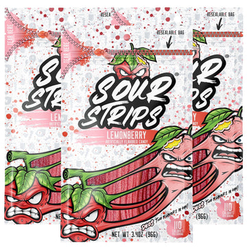 Sour Strips Sour Candy Belts, Lemonberry, Resealable Candy Bags, 3.4 Ounce (Pack of 3)