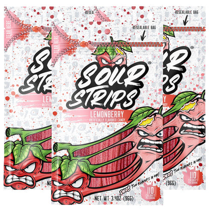 Sour Strips Sour Candy Belts, Lemonberry, Resealable Candy Bags, 3.4 Ounce (Pack of 3)