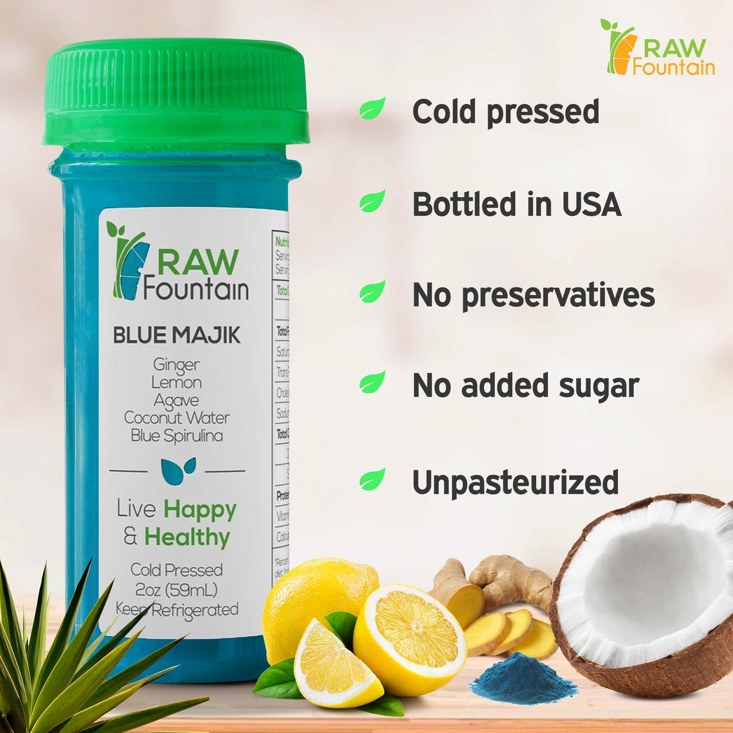 Raw Fountain Immunity Shots - Blue Spirulina, Agave, Lemon, Ginger - 2 Fl Oz (Pack of 20) - All Natural, Cold Pressed, No Preservatives
