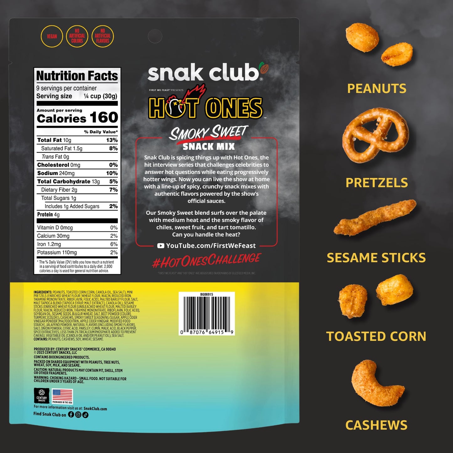 Snak Club x Hot Ones Smoky Sweet Snack Mix, Spicy Snack with Peanuts, Pretzels, Sesame Sticks, Toasted Corn & Cashews, Inspired