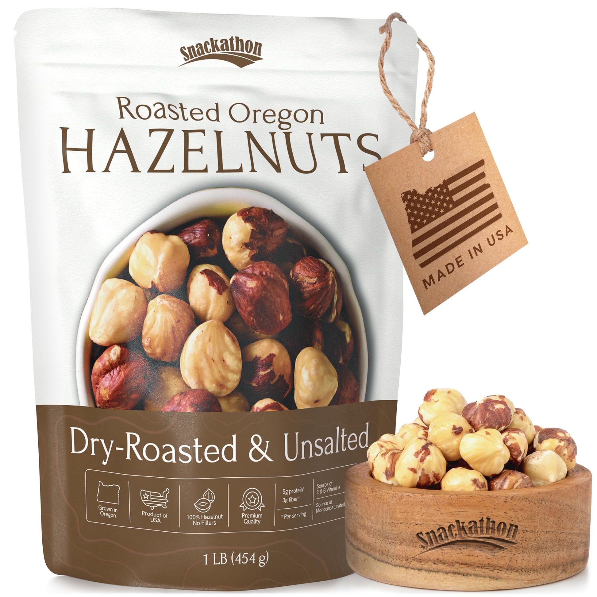 Snackathon Roasted Oregon Hazelnuts  Unsalted  Dry Roasted 1 Lb Resealable Bag  Whole Filberts  Top-Grade Natural Nuts Grown In Usa  Healthy Snack  Ideal For Baking  Nut Butters & Recipes