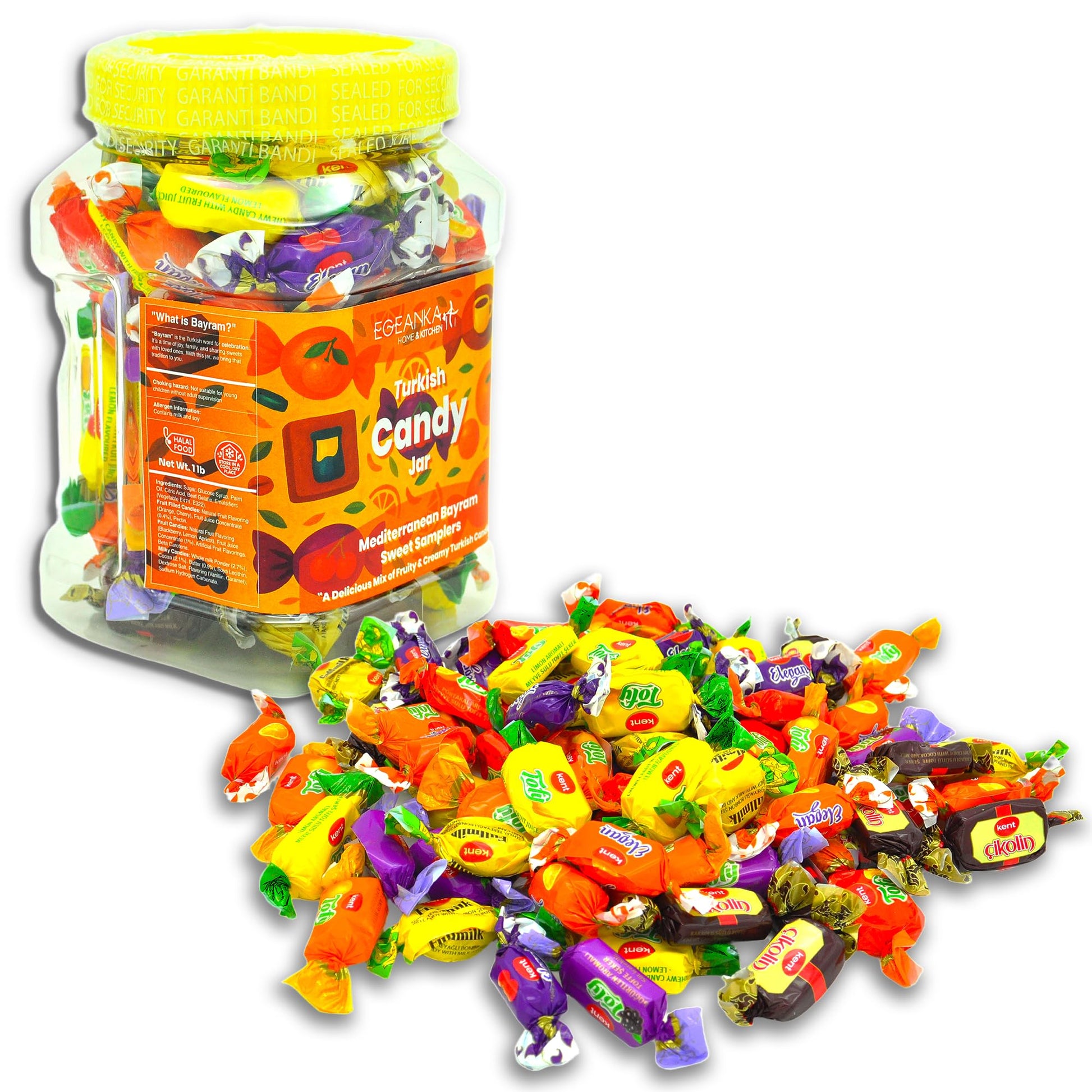 Egeanka Turkish Candy Jar, Mediterranean Bayram Sweet Samplers, Assorted Fruity and Creamy Halal Candies, 1 Pound