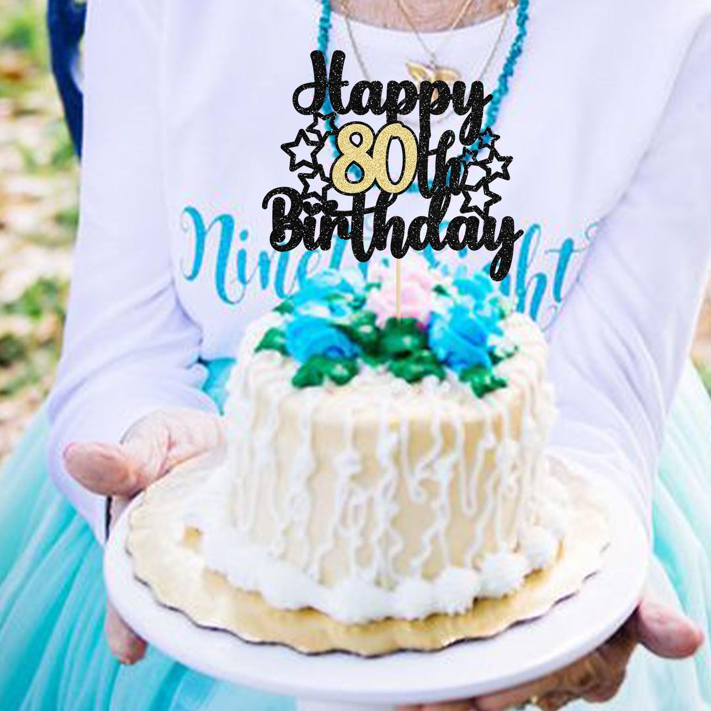 Gyufise Happy 80Th Birthday Cake Topper, 1Pc, 80 & Fabulous, Black And Gold Glitter, Topper For Anniversary And Birthday Party D