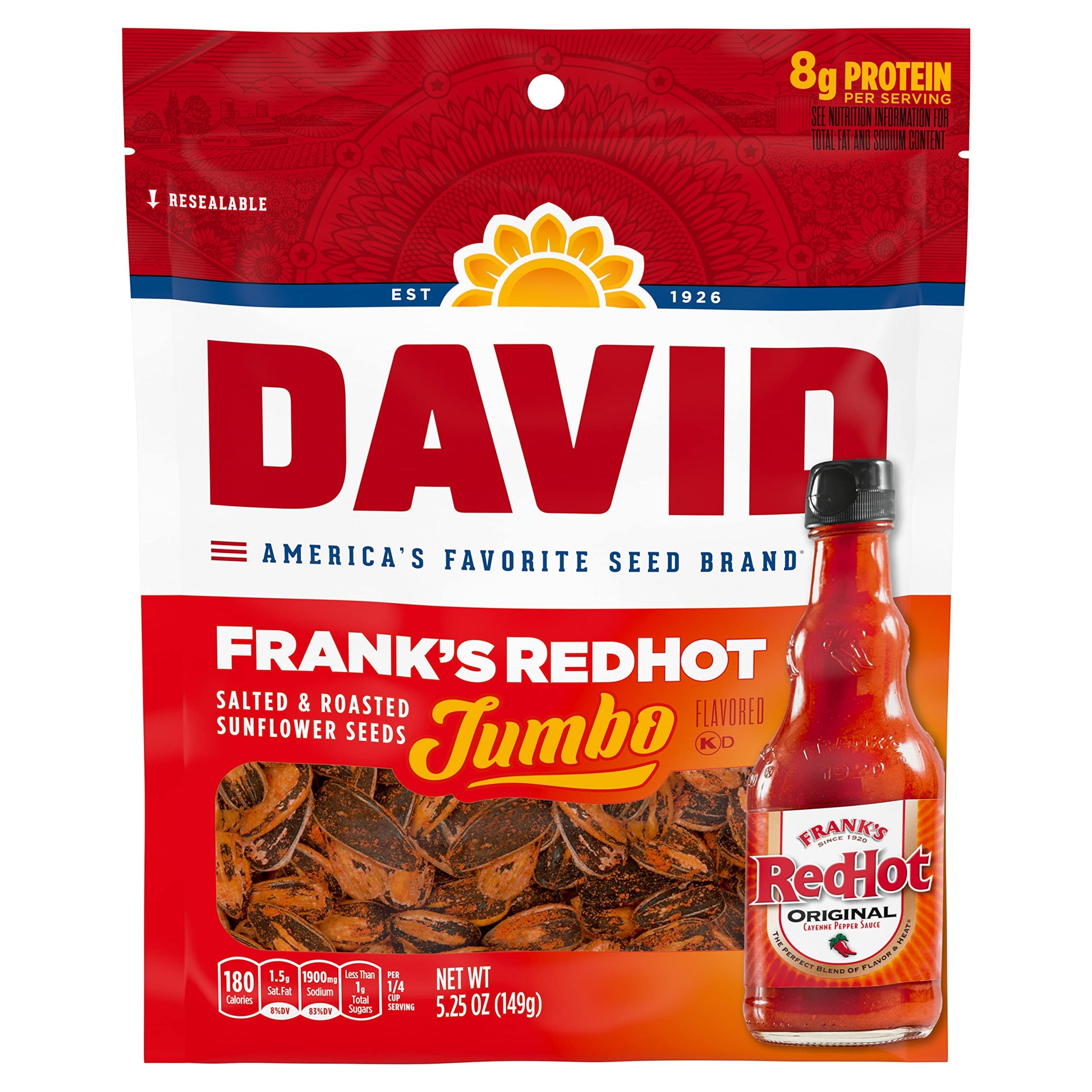 David Jumbo Sunflower Seeds  FrankS Redhot Flavor  Stocking Stuffer  5.25 Oz. (Pack Of 12)