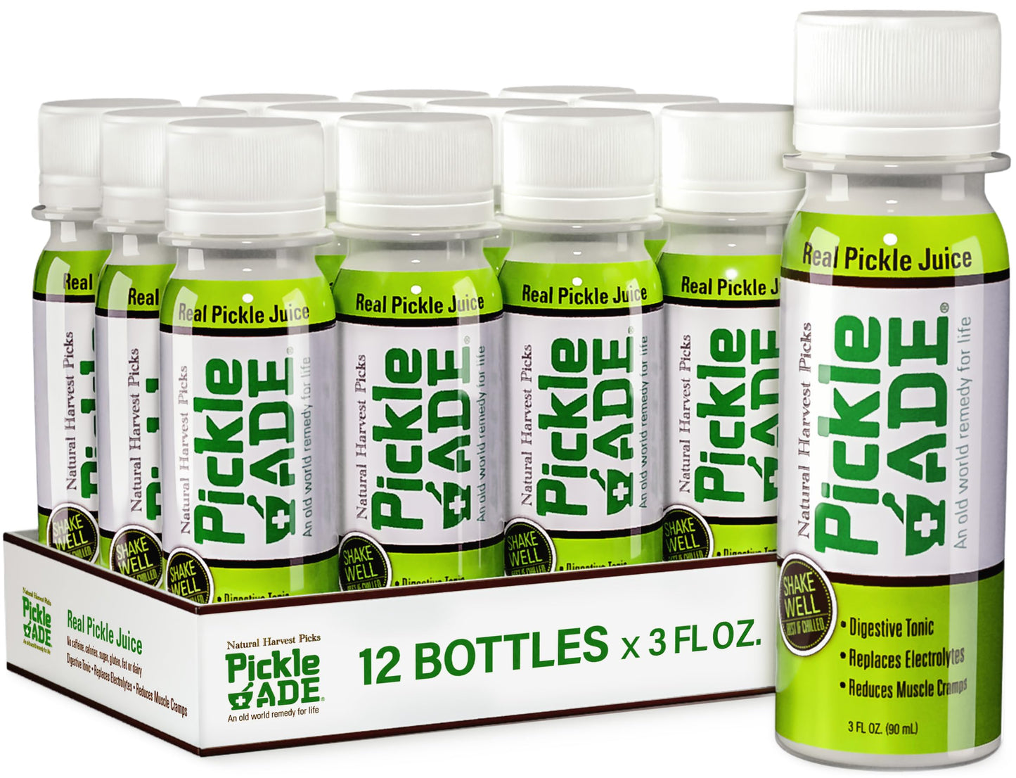PickleAde Electrolyte Pickle Juice Shots, 3 Fl Oz (Pack of 12) - Kosher Pickle Brine for Hydration and Muscle Relief