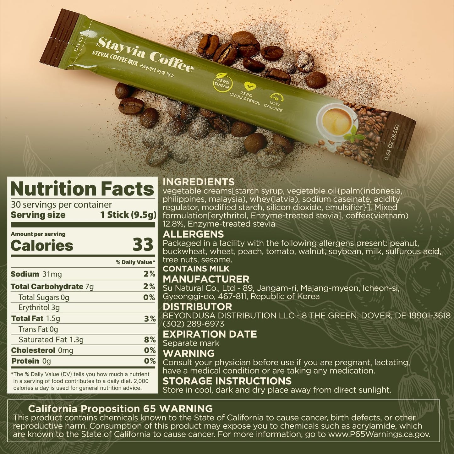 STAYVIA COFFEE Stevia Instant Coffee Packets - Sugar-Free & Low Calorie - 60 Sticks (0.33oz) - Ideal for Home, Office & Travel