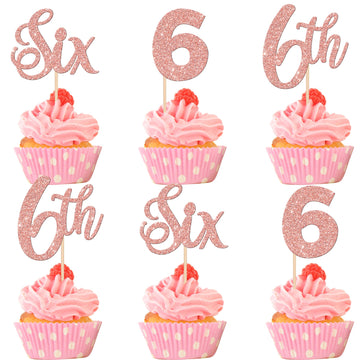 24 PCS Six Cupcake Toppers Glitter 6th Birthday Cupcake Picks Number 6 Cupcake Decorations for Baby Shower Kids 6th Birthday Ann