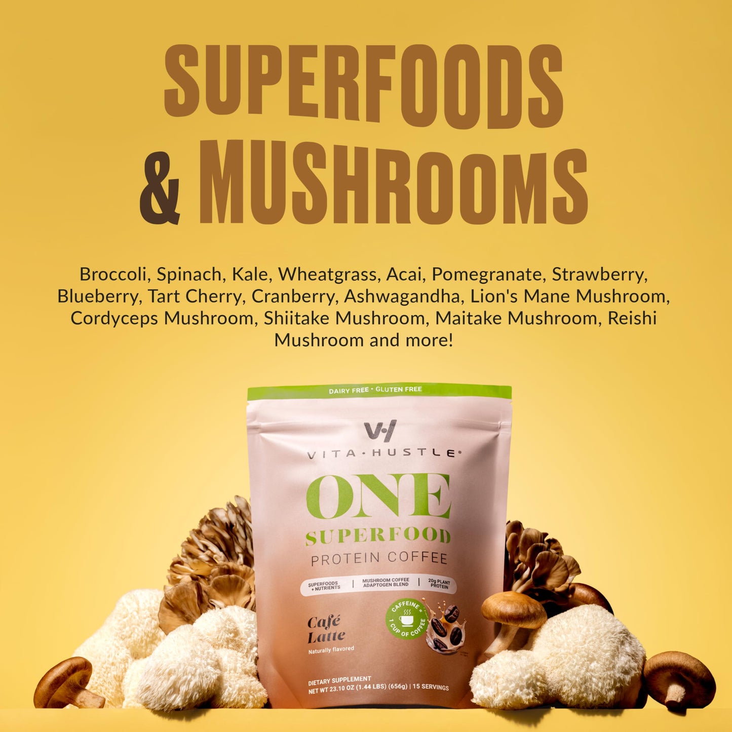 VitaHustle ONE Protein Coffee - Superfood Meal Replacement Powder  Plant Based Protein Shake Powder  Vegan. Superfoods  Vitamins  Ashwagandha  Functional Mushroom Blend (Cafe Latte) 15 Servings