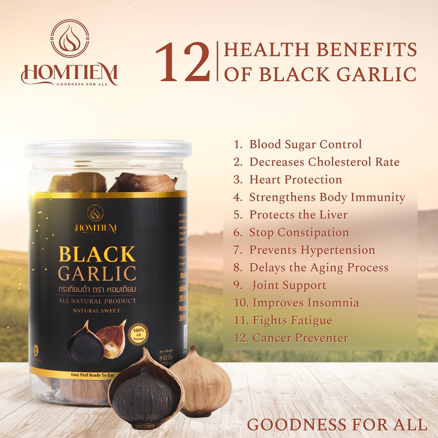 Homtiem Black Garlic 8.82 Oz (250g.), 3 Pack, Whole Black Garlic Fermented for 90 Days, Super Foods, Non-GMOs, Non-Additives, Hi