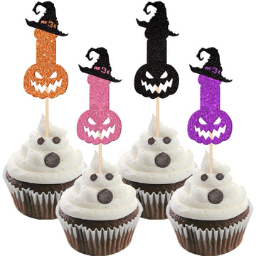 24 Pcs Halloween Bachelor Party Cupcake Toppers Glitter Ghost Witch Hat Bachelorette Cupcake Picks Hen Funny Party Cake Decorati