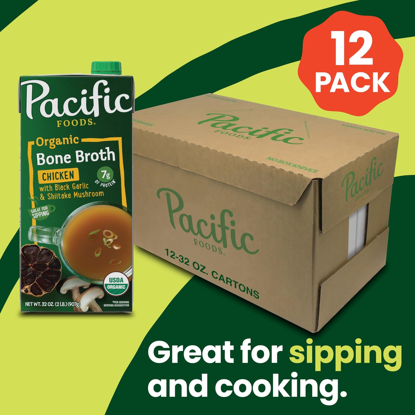 Pacific Foods Organic Chicken Bone Broth with Black Garlic & Shiitake Mushroom, 32 oz Carton, Pack of 12
