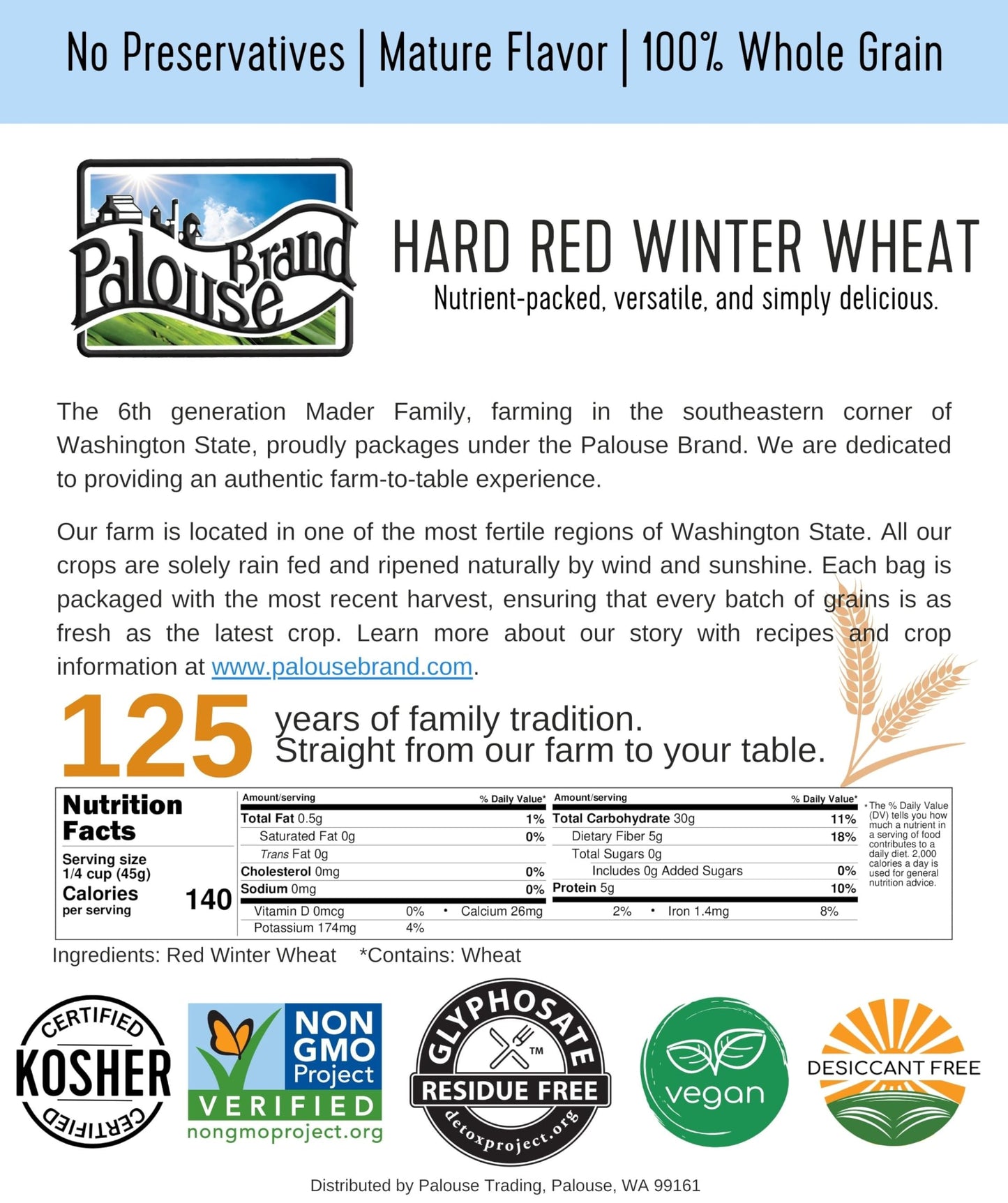 Palouse Brand Certified Glyphosate Residue Free Hard Red Winter Wheat Berries | 18 LBS | Family Farmed in Washington State | Non