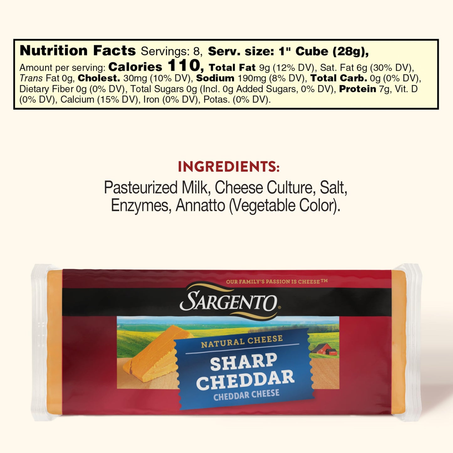 Sargento Natural Sharp Cheddar Block Cheese, 7 oz