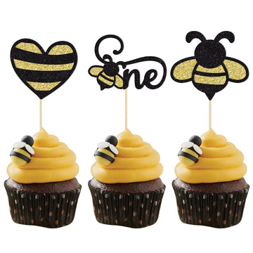 Gyufise 24Pcs Bumble Bee One Cupcake Toppers Heart Bumble Bee Cake Decorations For Boy Girl 1St Birthday Decorations Bee Baby Sh